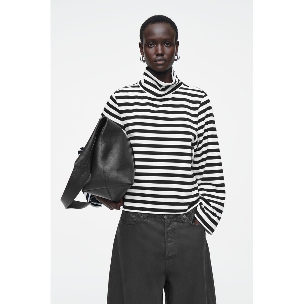 COS Striped Funnel Neck Top Black White Wide Sleeve Mock M